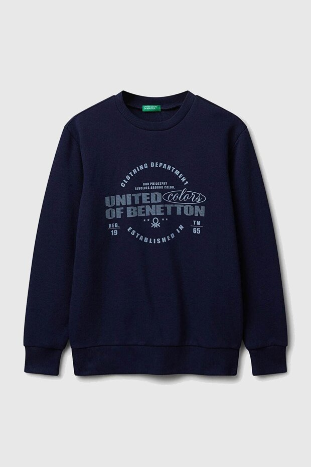 Boy's Navy Blue Regular Fit Sweatshirt with Logo Print on the Front and Crew Neck