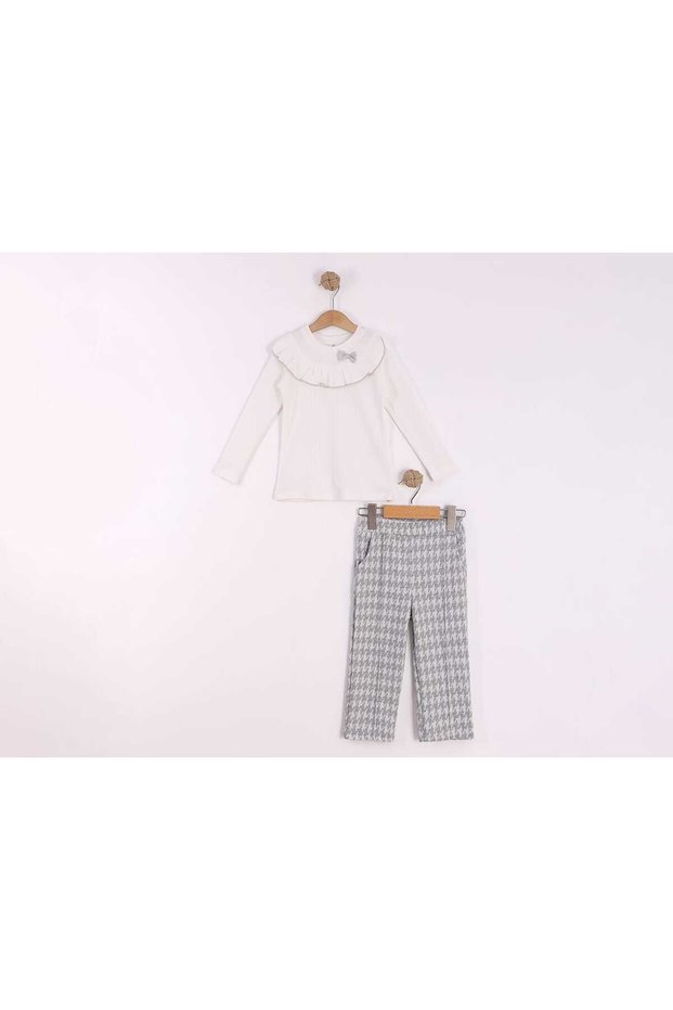 Girl's Jacquard Pants with Ruffled Chest and Elastic Waistband, with Pockets and Ribbed Lycra.