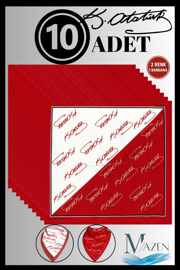 10-Pack of Ataturk Signed Cotton Double-Sided Bandana Scarves | Red 50X50 | School Ceremony Show