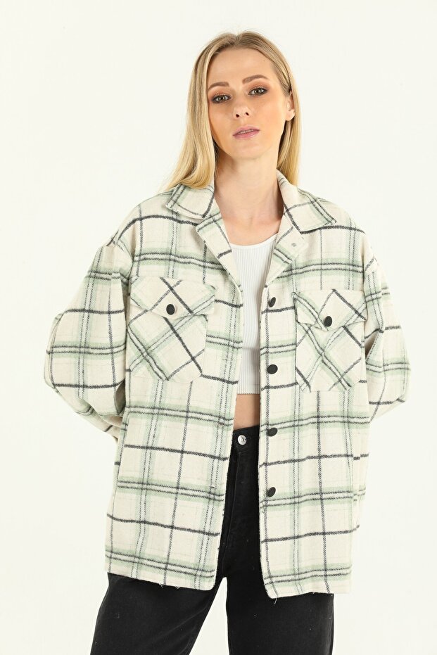 Plaid Lumberjack Shirt with Pockets Green Striped Cotton
