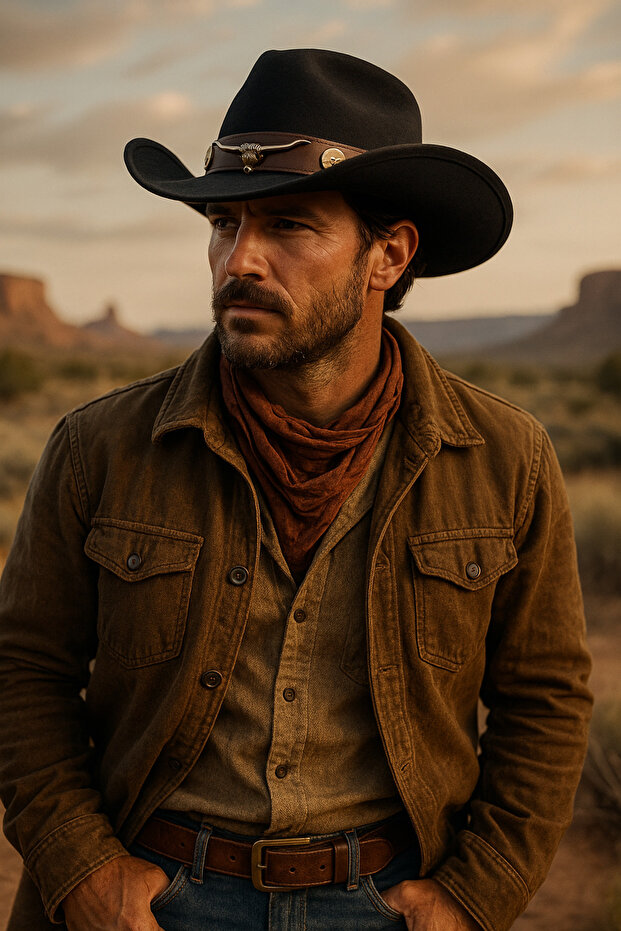 Men's Black Cowboy Western Style Leather Detailed Hat