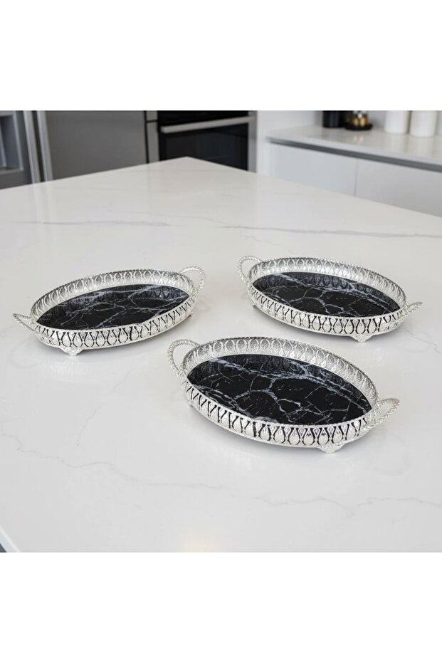 3 Pcs Silver Color Marble Pattern Metal Framed Glass Engagement-Service Tray Set - 28X19 cm