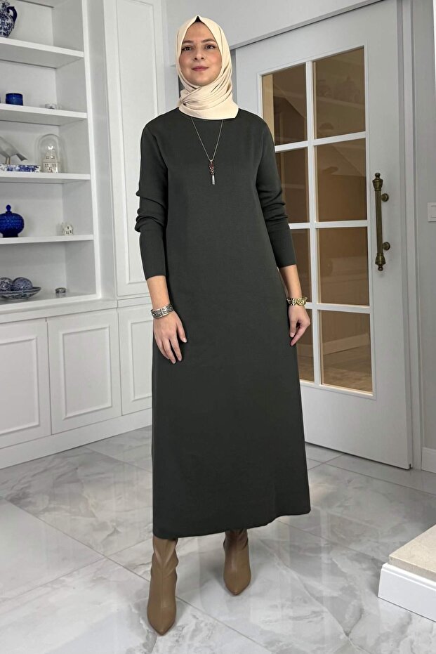 Öykü Çelik Örme Triko Elbise Haki - 3