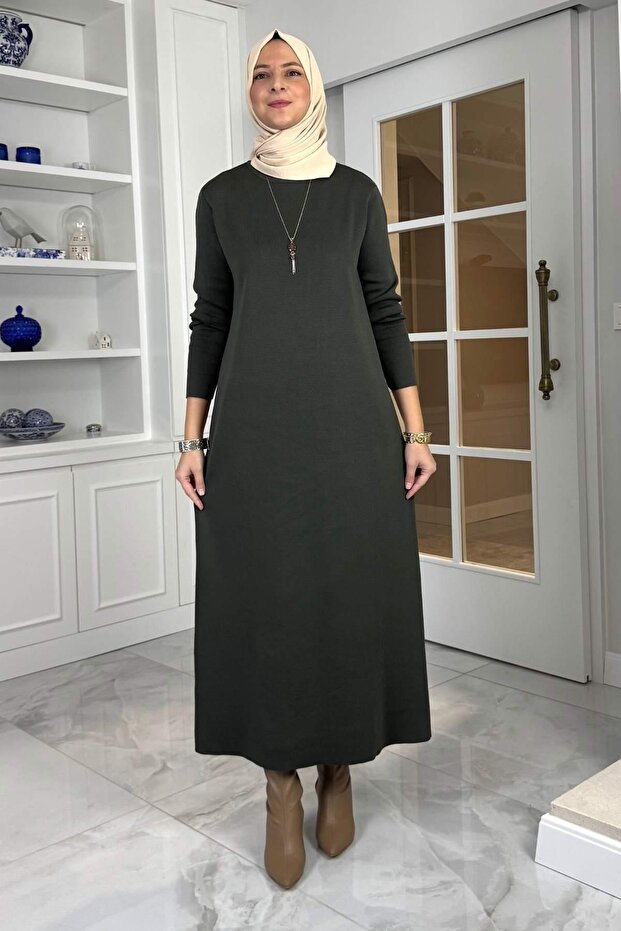 Öykü Çelik Örme Triko Elbise Haki - 4