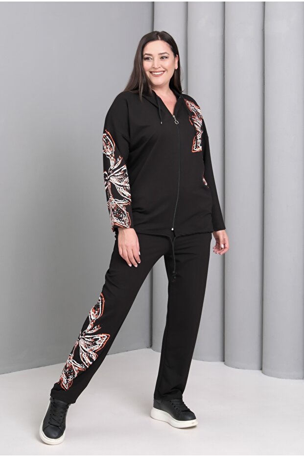 Women's Plus Size Black, Hooded, Floral Print Tracksuit Set 65N39184