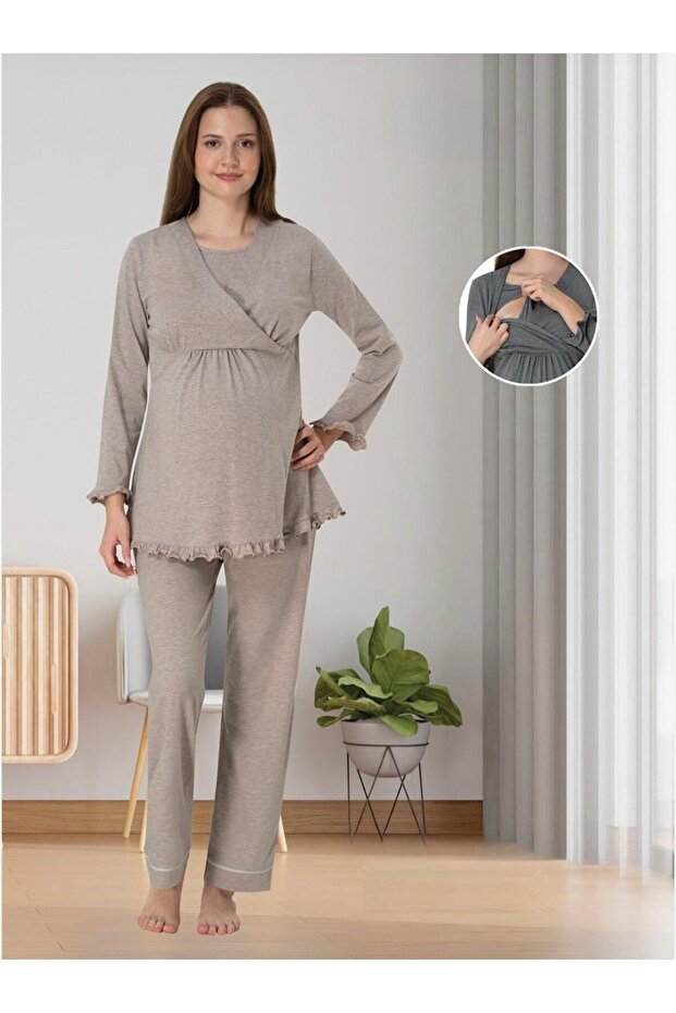 Women's Beige Special Design Cotton Combed Cotton Maternity Pajama Set