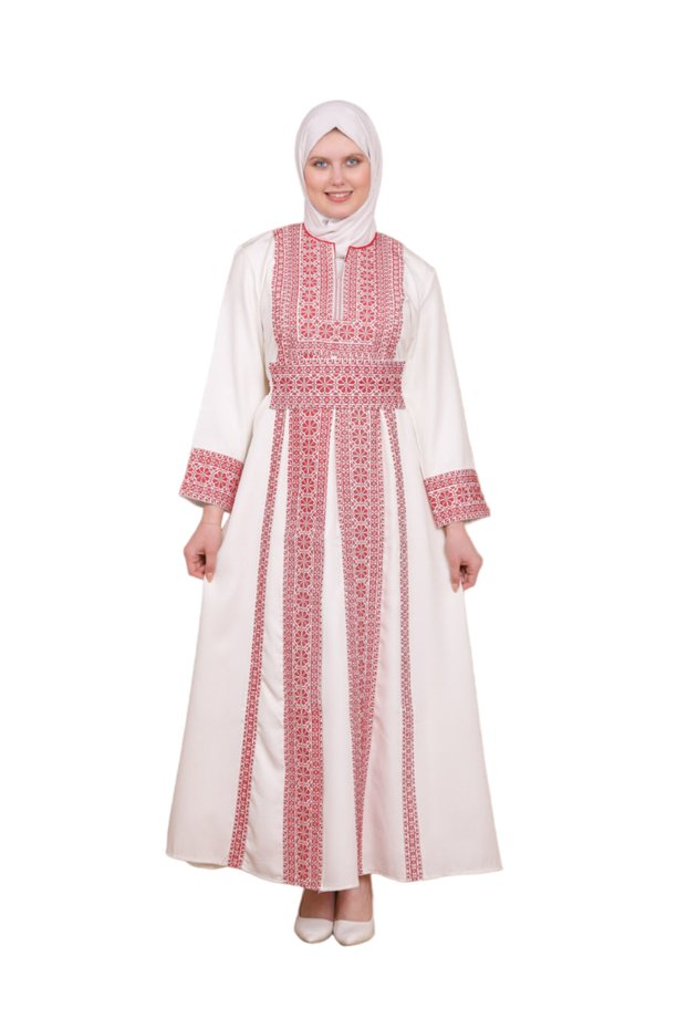 Hijab Dress Palestinian Traditional Embroidered White Red Roses A-Line Dress