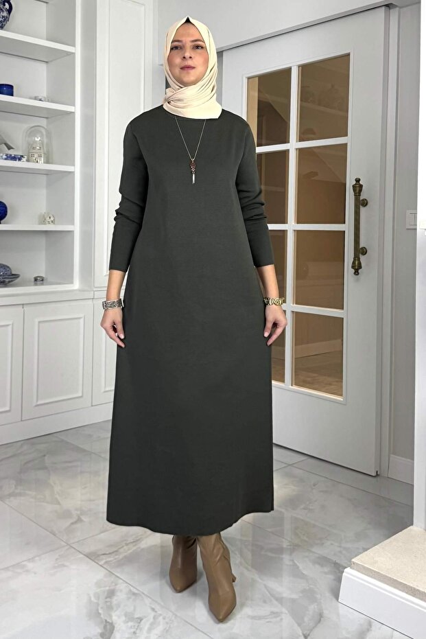 Öykü Çelik Örme Triko Elbise Haki - 1