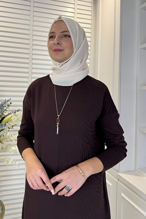 Zebra Desen Triko Elbise Acı Kahve - 2