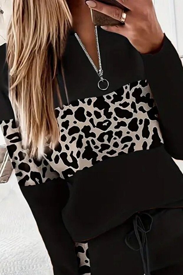 Viscose Two Thread Blouse and Trousers Two-Piece Set with Pattern Stripe on the Front and Zipper - Black - 2