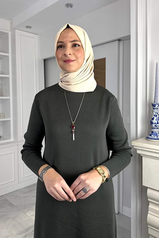 Öykü Çelik Örme Triko Elbise Haki - 2