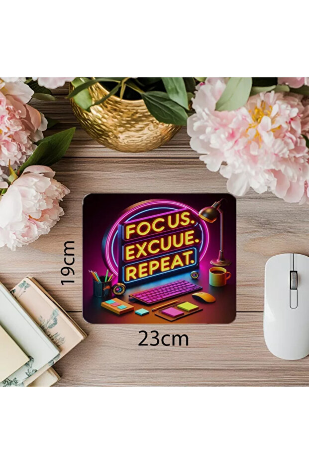Shiny Patterned Office Mousepad – Focus Repeat Slogan – 19X23 cm 2 mm Rectangular Imported Printed Mousepad - 1