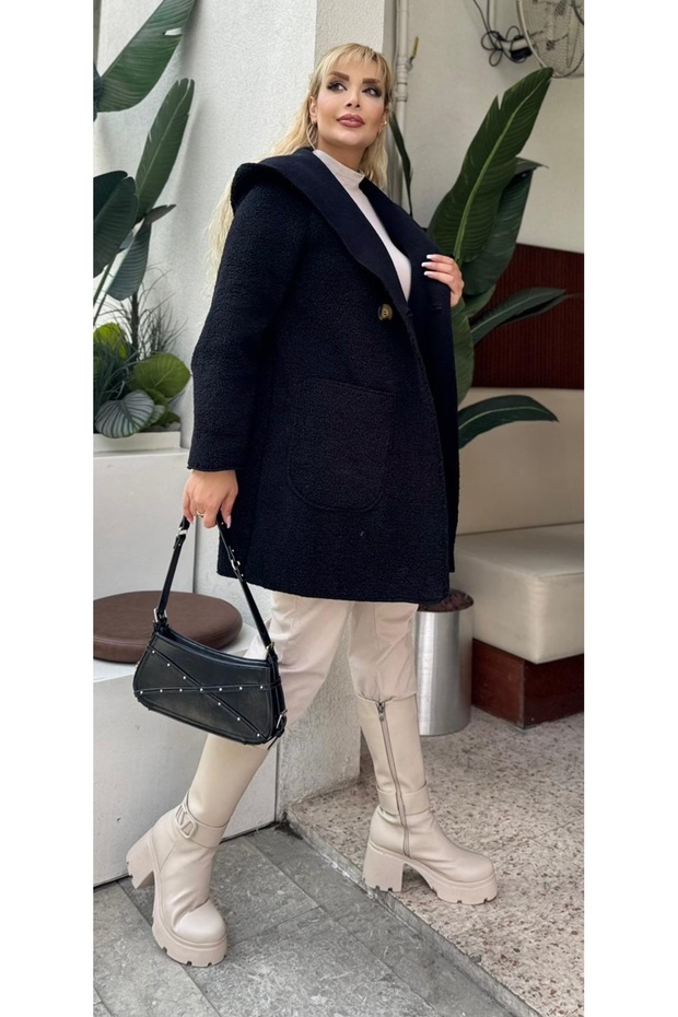 Women's Plus Size Hooded Button Detailed Pocket Lamb Coat Jacket 25031