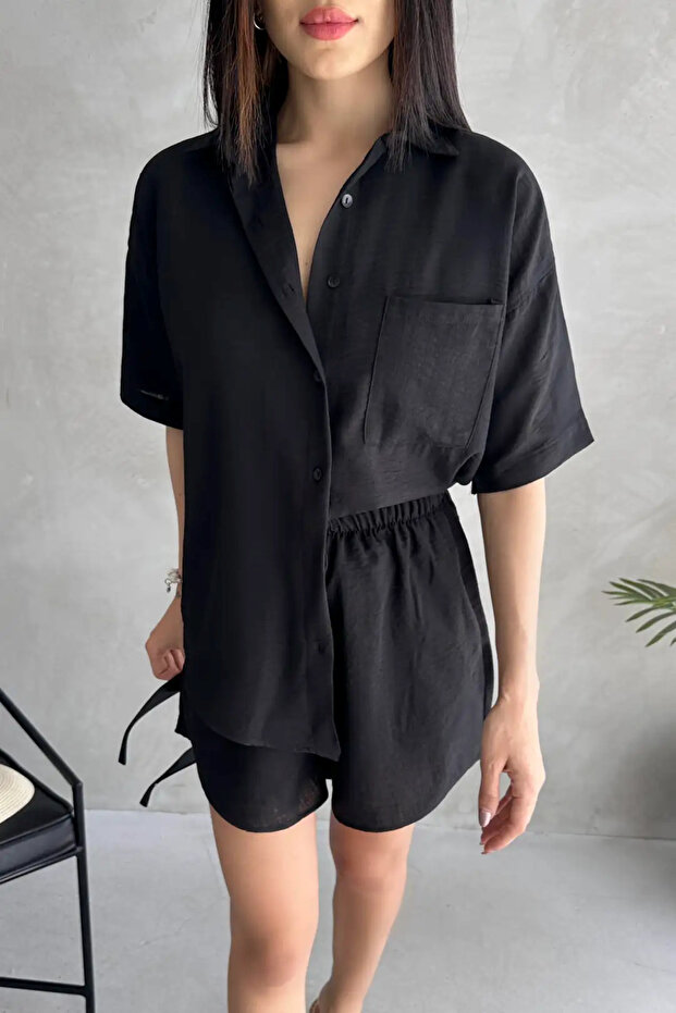 Kısa Kol Gömlek Ve Şort Alt-Üst Takım Aerobin Keten - 1