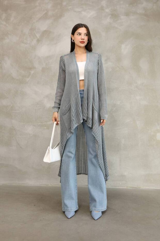 Women's Gray Non-Fading Distressed Detailed Loose Cotton Knitwear Long Cardigan Cap
