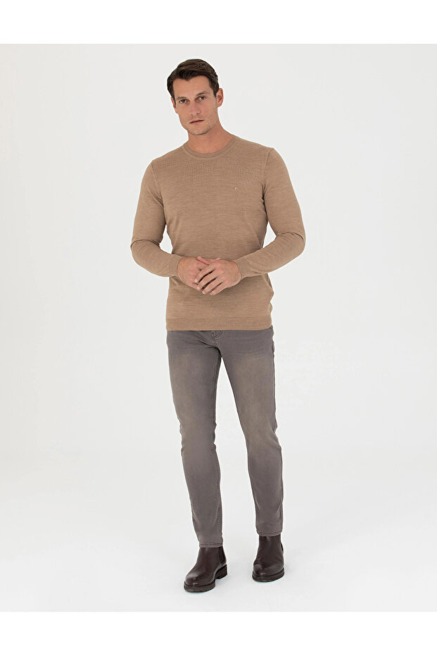 Erkek Slim Fit Basic Kazak - Camel - 4