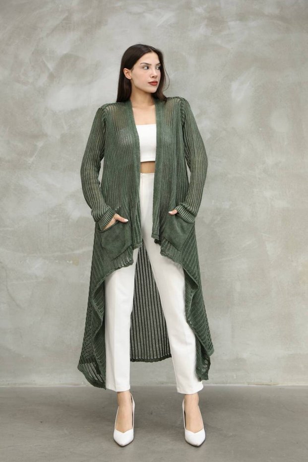 Women's Khaki Non-Fading Distressed Detailed Loose Cotton Knitwear Long Cardigan Cap