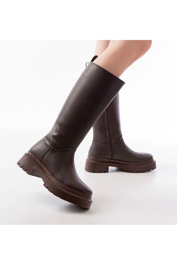 Women's Zippered Below-The-Knee Long Bitter Brown Leather Heeled Boots Brown