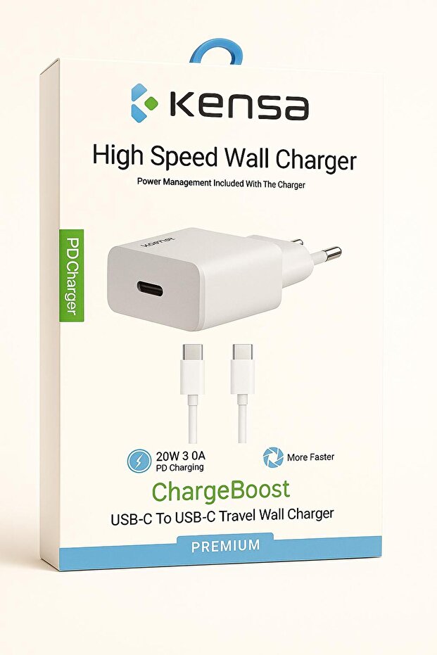 Kensa 20W PD Type-C Hızlı Şarj Adaptörü ve USB-C Kablo Seti | iPhone, , Android Uyumlu Şarj Cihazı - 1