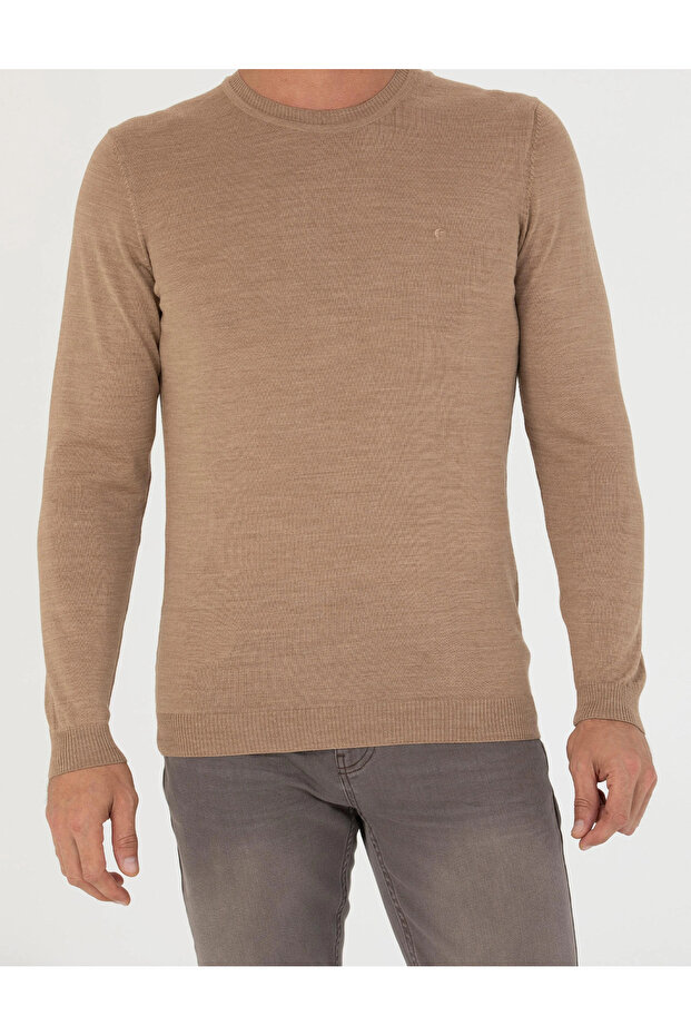 Erkek Slim Fit Basic Kazak - Camel - 7