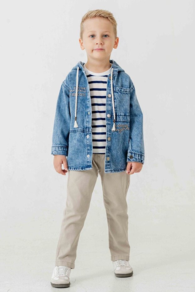 My Little Boy's Striped Detailed Denim Jacket 3-Piece Set - Beige