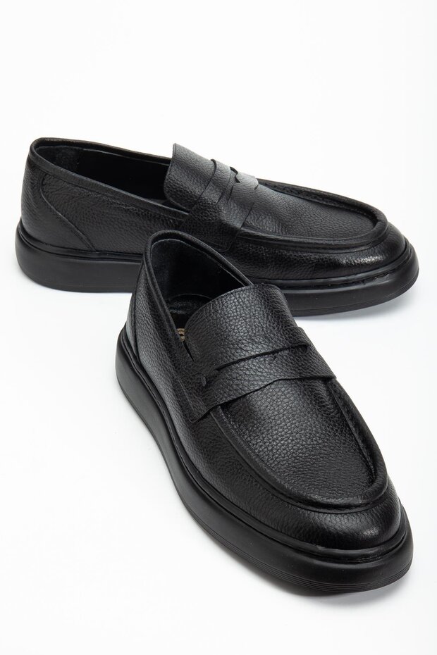 Genuine Leather Men's Casual Shoes Black Belted College Model Flat Sole