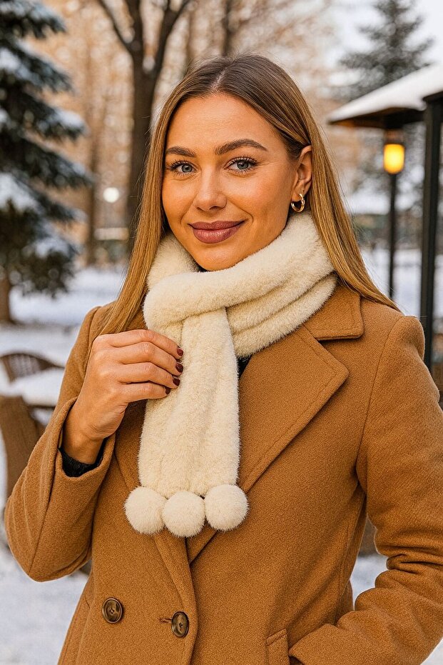 Beige Pompom Plush Women's Neck Collar