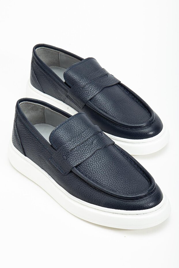 Genuine Leather Men's Casual Shoes Navy Blue Belted College Model Flat Sole