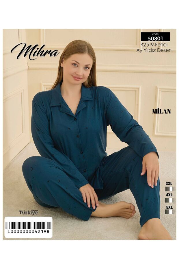Battal Önü Düğmeli uzun kollu pijama takımı - 1