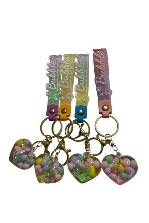 Heart-Shaped Water-Filled Keychain with Colorful Stones and Stars Inside