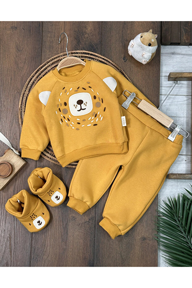 3-Thread Cotton Slippers with Booties, Teddy Bear Embroidery, Snap Fasteners on the Shoulders, Winter Baby Boy Set