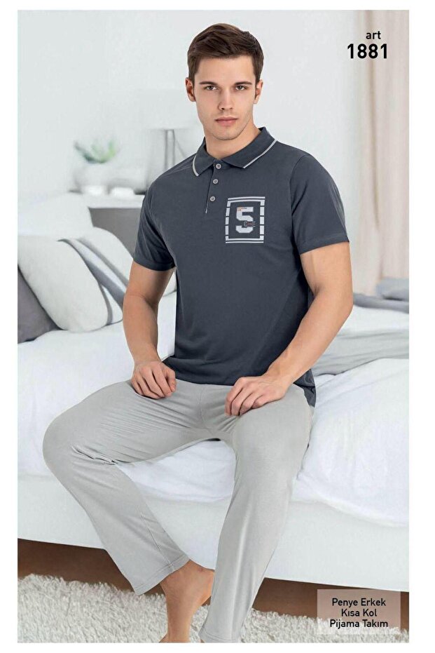 Men's Smoked Cotton Pocket Buttoned Collar Pajama Set T-Shirt Pants Short Sleeve Set