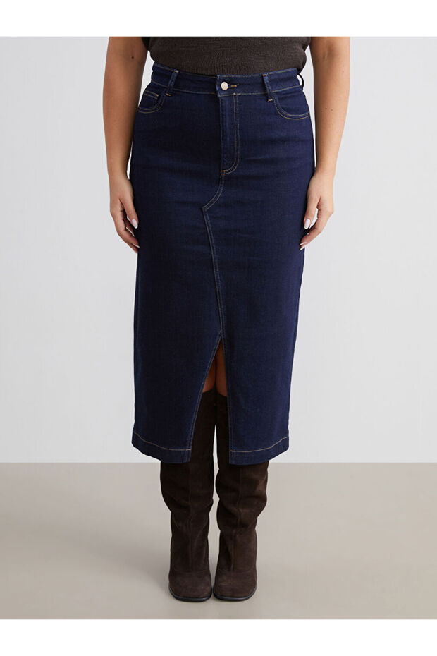 Dar Fit Yırtmaçlı Jean Etek - 2