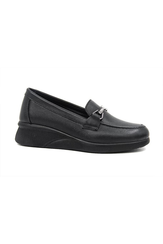 715 Leather Buckle Detailed Leather Women's Loafer Shoes - Black