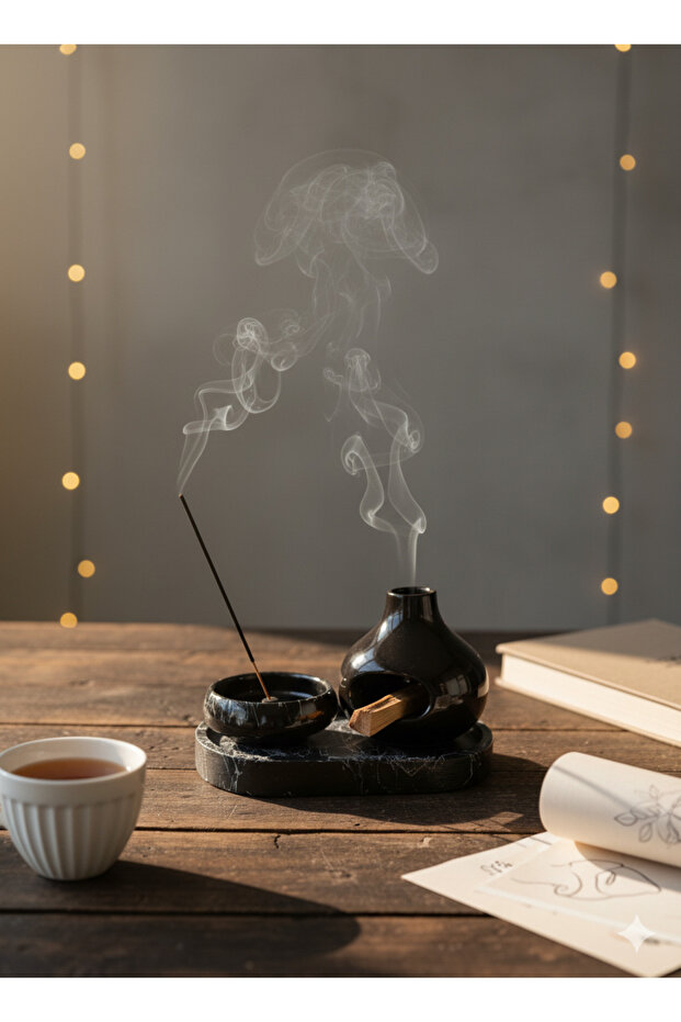 Seramik Palo Santo Reçine ve Çubuk Tütsülük Seti Meditasyon & Aromaterapi Dekoru Siyah Mermer Tabak - 4