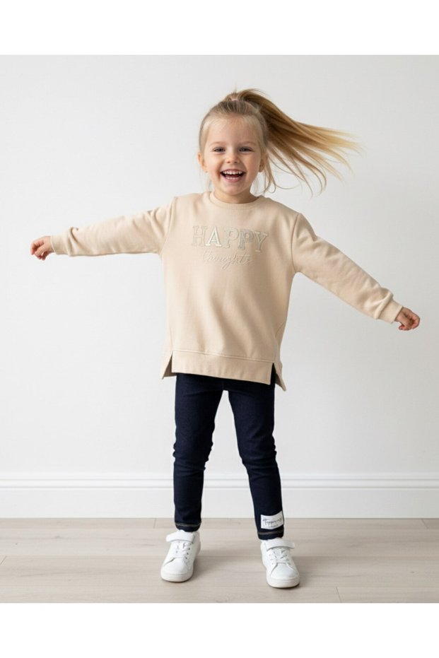 Girl's Happy Embroidered 7-8-9-10 Year Old Denim-Look Leggings 2-Piece Seasonal Top and Bottom Set