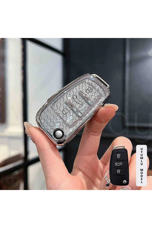 Audi Compatible A1, A3, A4, A5, A6, A7, Q3, Q5, Q7, Q8, Tt, S3, S4, S6, Rs, Diamond Pattern Tpu Key Case Cover (White)