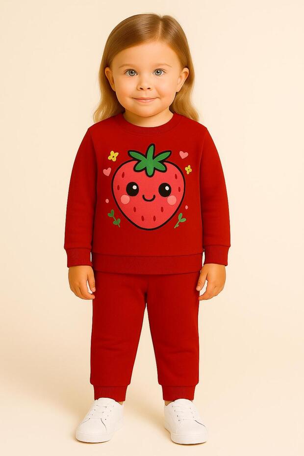 Strawberry Printed Long Sleeve Crew Neck Kids Tracksuit Set Unisex 3 4 5 6 7 8 9 10 11 12 Years
