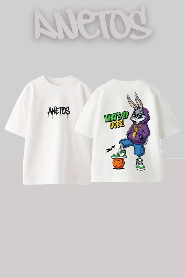 Bugs Bunny Basketball Design Back Printed Cotton White Oversize T-Shirt
