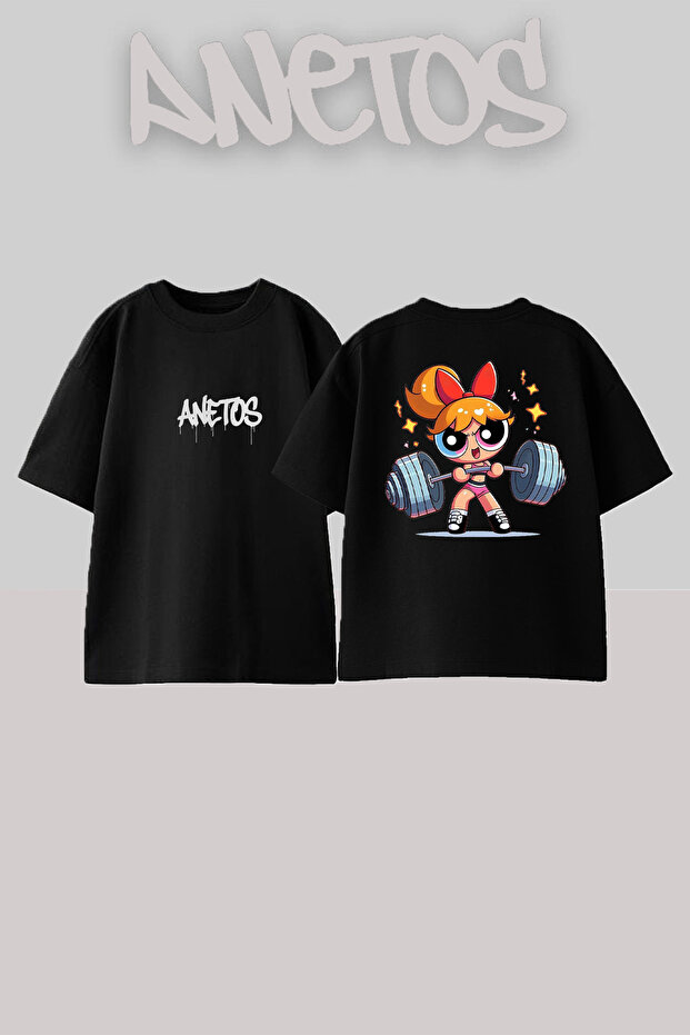 Power Girl Gym Design Back Printed Cotton Black Oversize T-Shirt