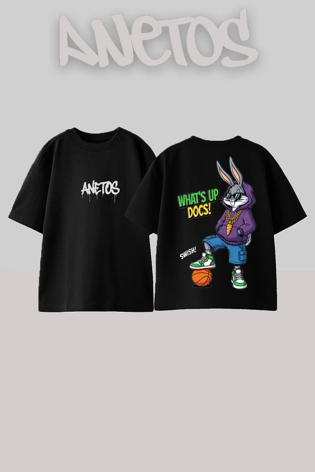 Bugs Bunny Basketball Design Back Printed Cotton Black Oversize T-Shirt