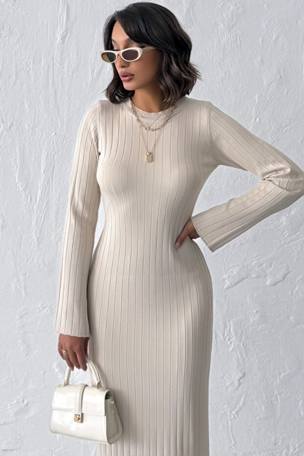 Yuvarlak Yakalı Uzun Kollu Fitilli Şık ve Cool Dar Kalıp Esnek Triko Uzun Kalem Elbise - 6