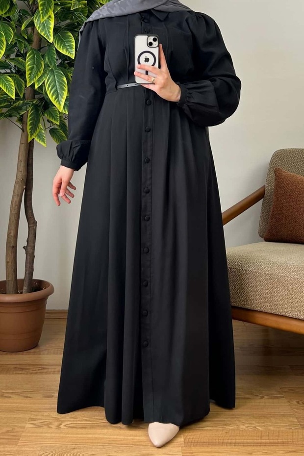 Düğmeli Modal Elbise - 1