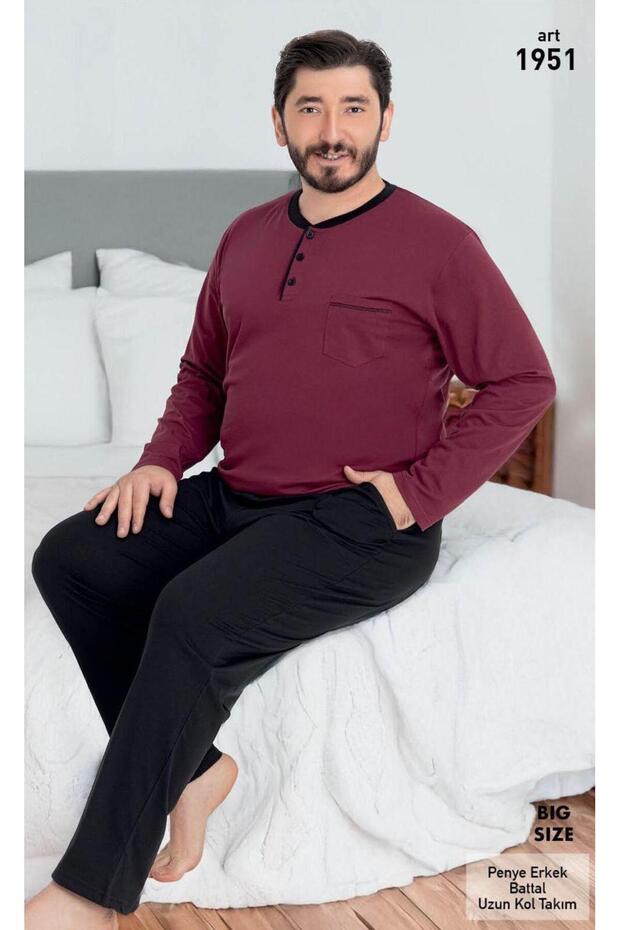 Men's Dark Burgundy Pajama Set Oversized Long Sleeve Pants Cotton Transitional Pockets Cotton Plus Size
