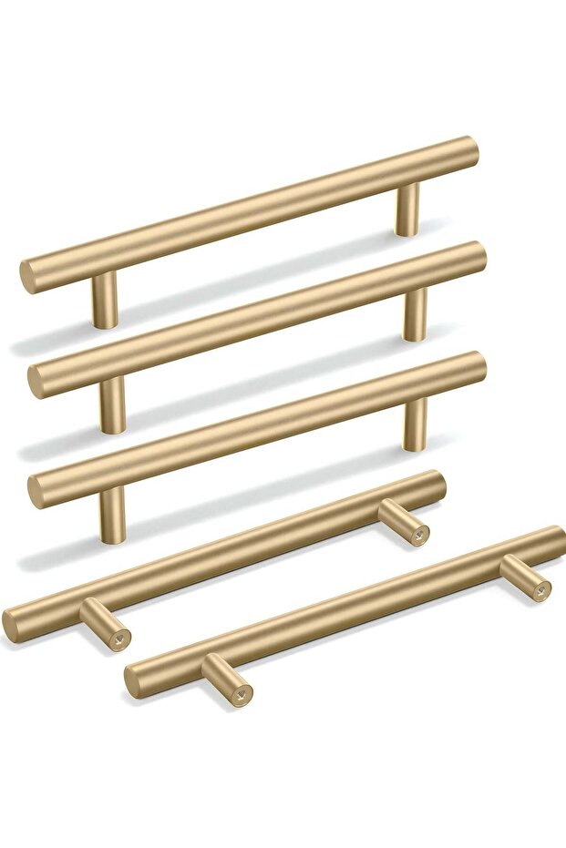 5 Pack Kitchen Cabinet Handles, 96mm Golden Brass Brushed Kitchen Door Handles, 150mm Hole