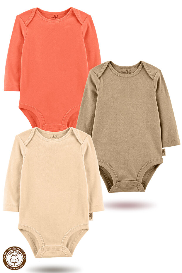 100% Cotton Long Sleeve Baby Bodysuit Snap Fastener Bodysuit Set of 3