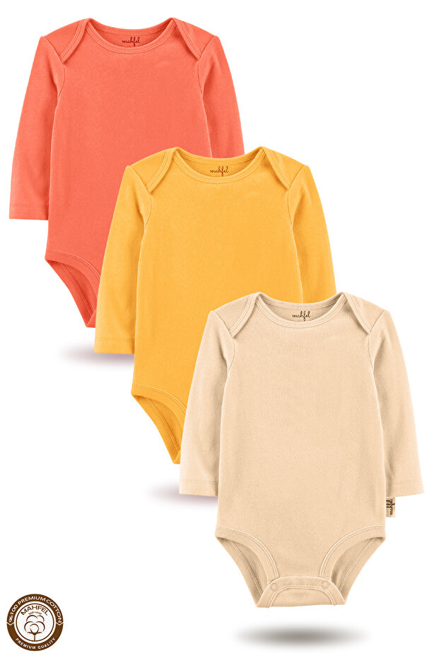 100% Cotton Long Sleeve Baby Bodysuit Snap Fastener Bodysuit Set of 3