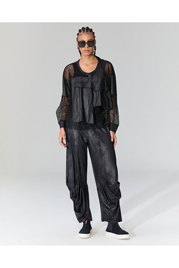 Önü file detaylı deri bluz-L - 3