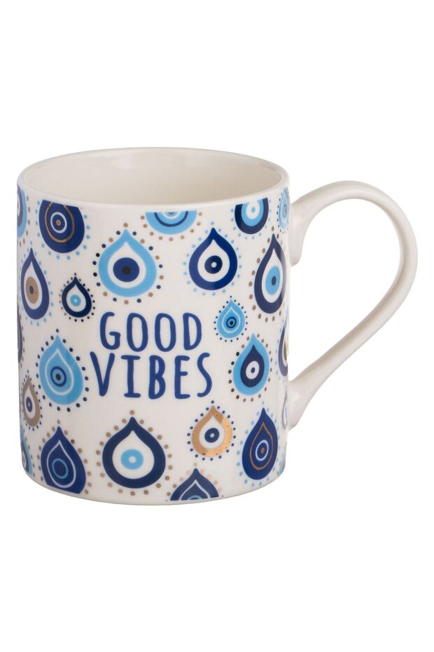 White Ceramic Mug with Eye Drop Pattern "Good Vibes" 370ml - 1