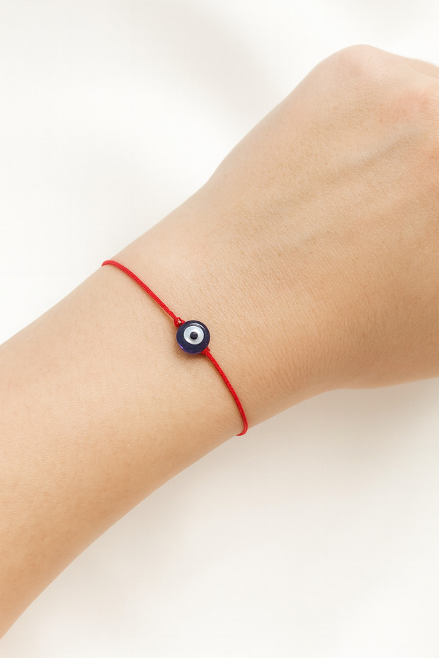 Red String Bracelet with Blue Glass Evil Eye Beads